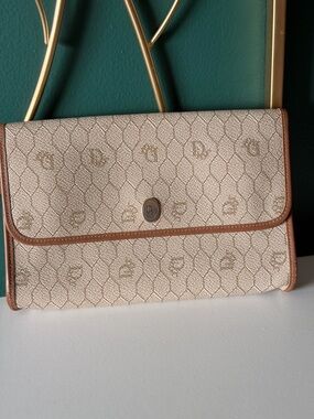 Vintage Dior Honeycomb Beige Monogram Clutch with chain